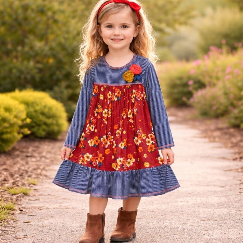 Bonnie‎ Jean Girls Dress 5 Long Sleeve Floral Stripe Ruffle Hem Boho Counrty